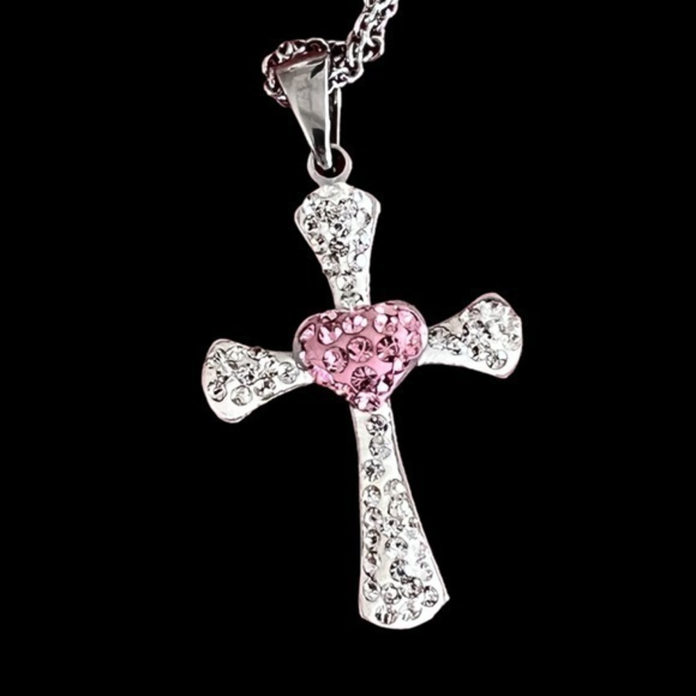 Stainless Steel Cross‎ & Pink Rhinestones Heart Silvertone Pendant Necklace